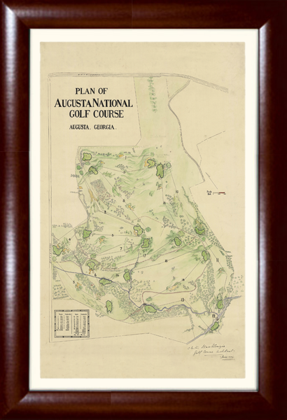 Framed map of Augusta National Golf Course on beige paper
