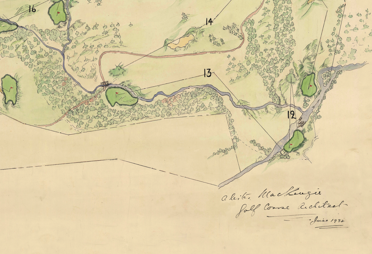 Old map of a landscape with labeled features and a signature at the bottom right corner.